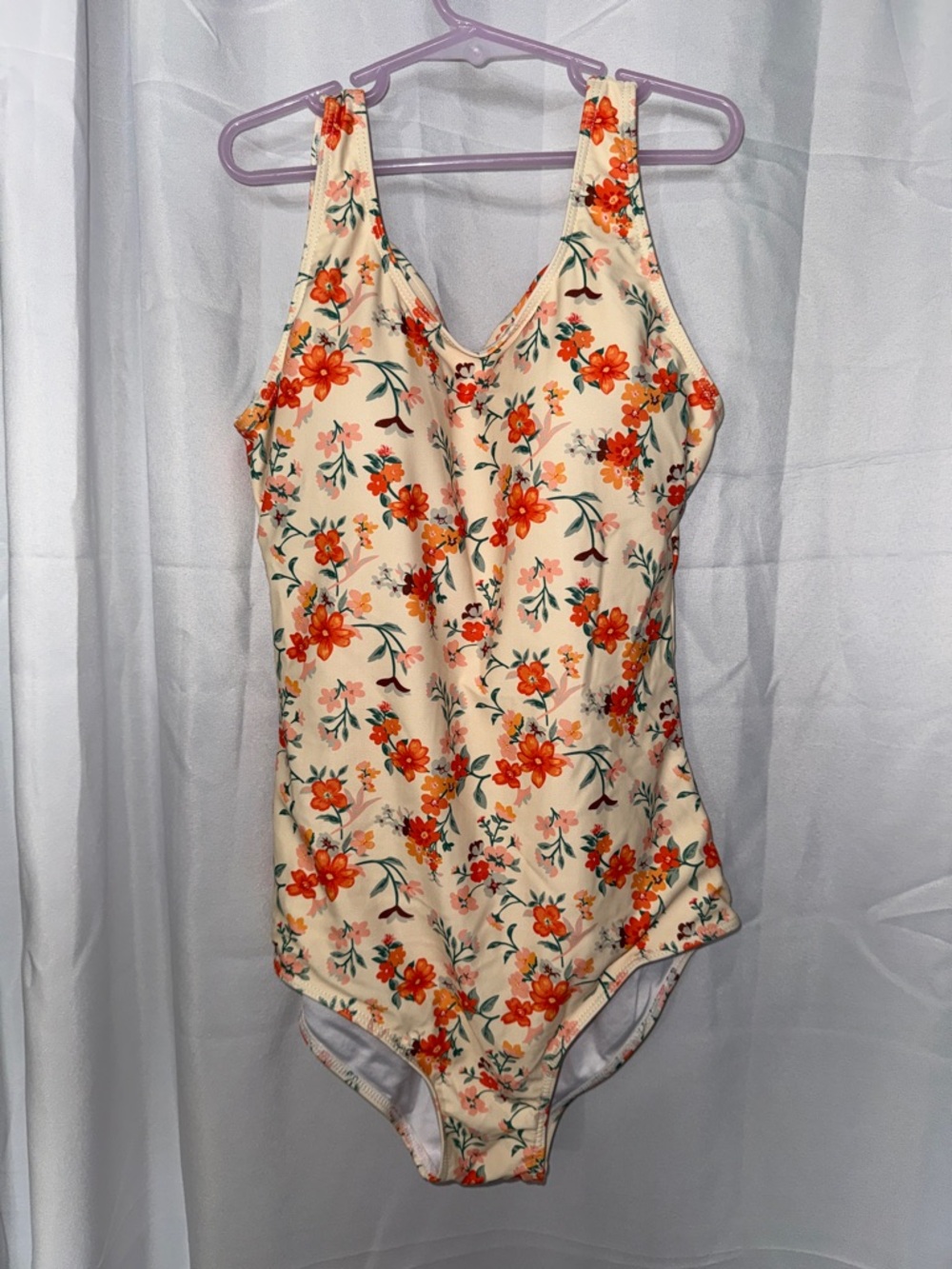 Floral One-Piece Swimsuit in Cream with Orange Flowers